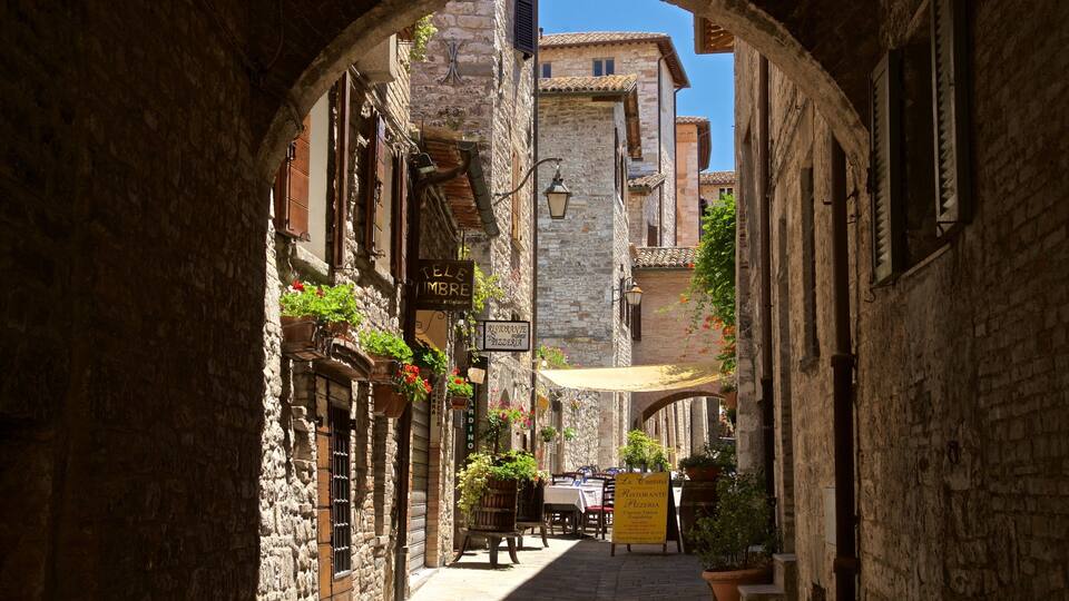 A narrow street with stone buildings, a sign for a restaurant, and a sign for a pizzeria.