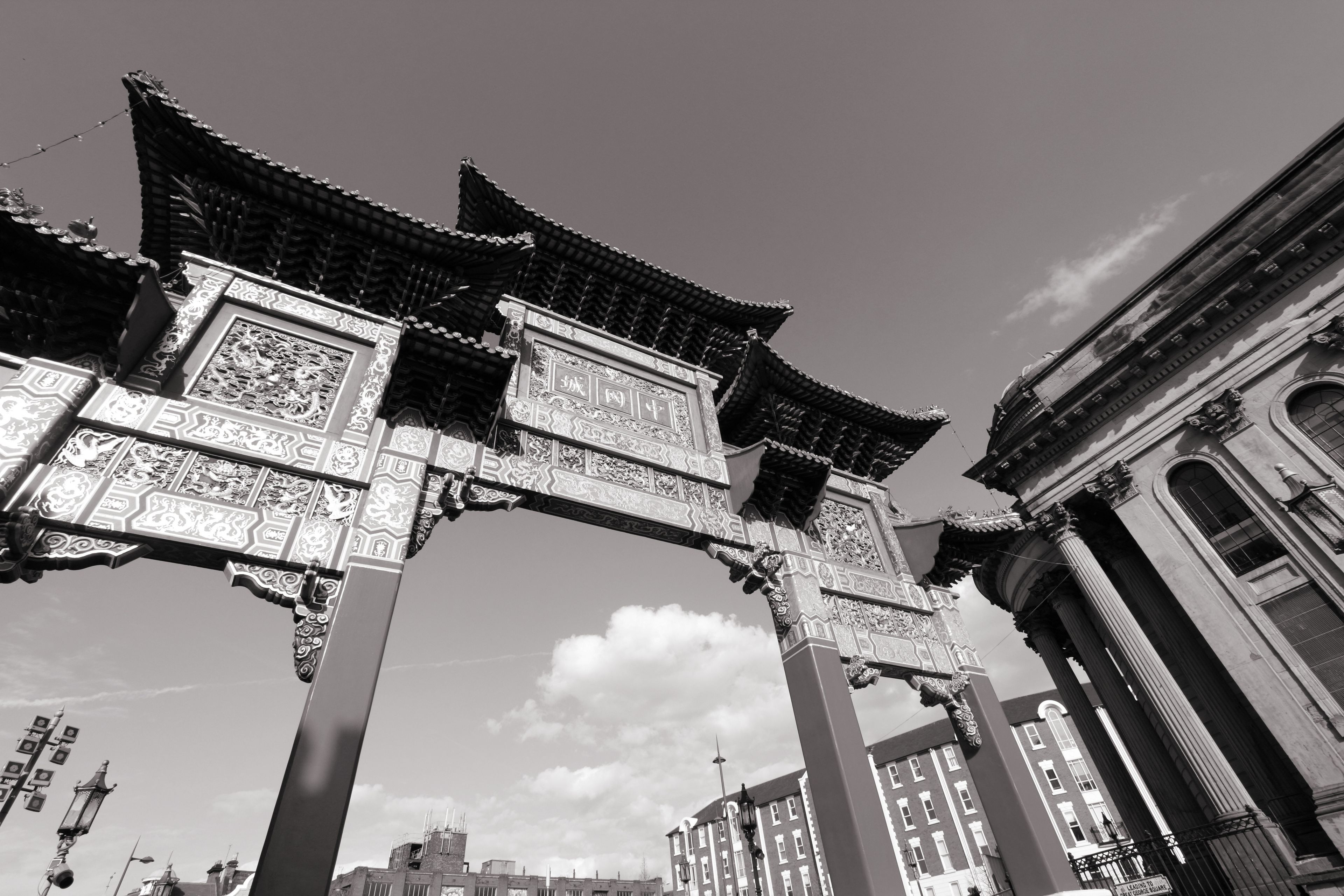 Liverpool Chinatown. Black white photo.