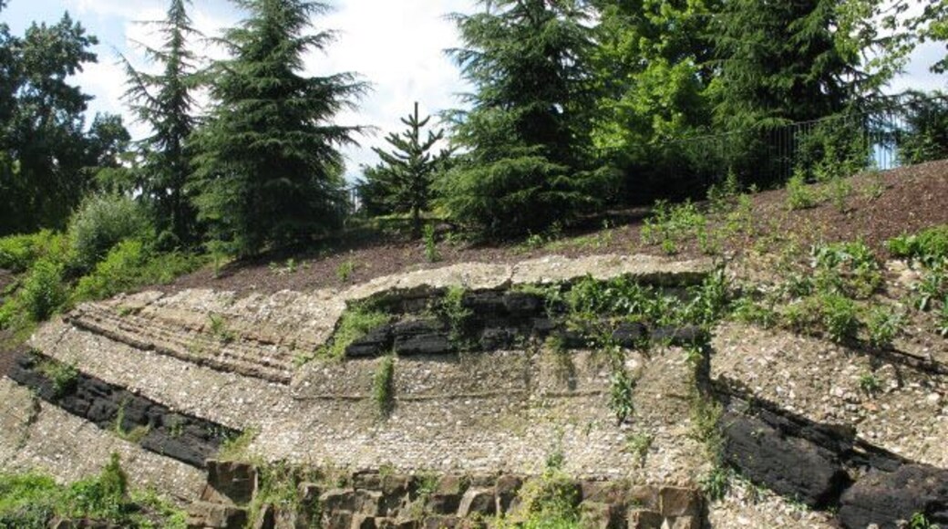 Artificial geological strata, Crystal Palace Park. This "rock face" is an artificial creation of Victorian times, intended as a teaching aid to show the geological strata that fossils such as those of the nearby dinosaurs 49600 might have been found in.