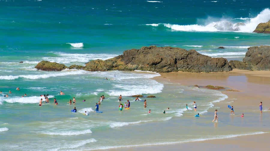 Port Macquarie featuring a bay or harbor, a sandy beach and rugged coastline