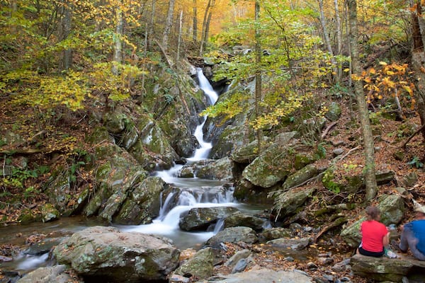Shenandoah Nationalpark welches beinhaltet Wälder und Fluss oder Bach sowie Paar