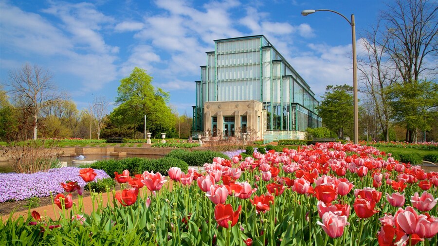 Forest Park mostrando flores, um jardim e um lago