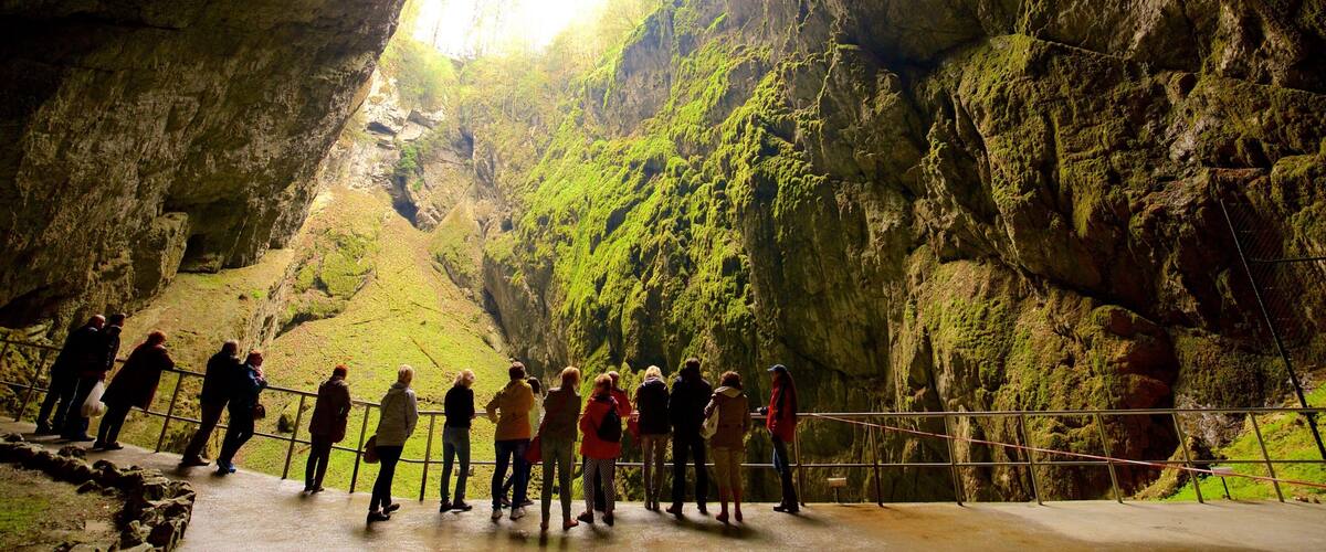 A group of people standing at the entrance of a cave with a view of a lush, green valley.