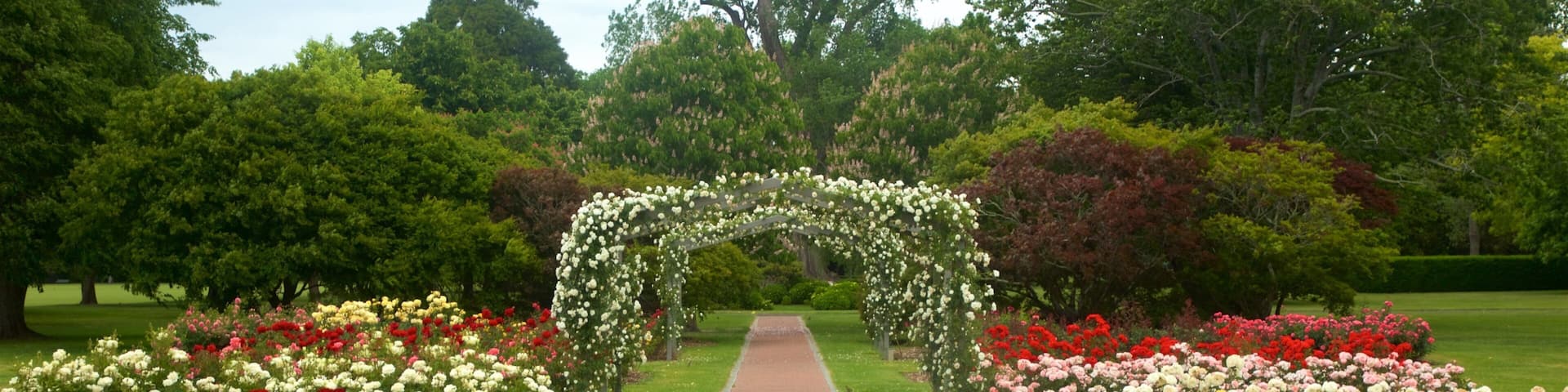 Un jardín con un sendero de ladrillo que lleva a un arco floral blanco rodeado de macizos de flores coloridas.