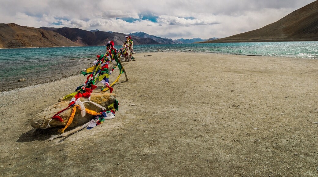 Fun with flags at Pangong Tso! This magnanimous body of water is split between India and China. Truly humbling. #BeachBound #leh #kashmir #prayerflags #bruisedpassports