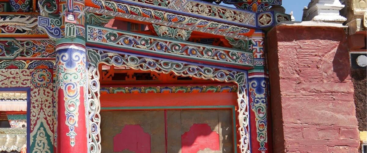 Entrance to Milarepa Palace/Pavilion/Temple about 10 km outside of Xiahe, China. Originally built in the 1100s by the Tibetan Buddhist philosopher Milarepa. Mostly destroyed in the Cultural Revolution and now rebuilt.
