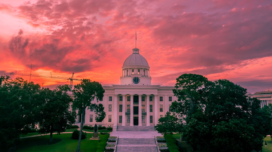 Un grand bĂątiment blanc, dotĂ© dâun dĂŽme et de colonnes, entourĂ© dâarbres et se dressant sous un ciel au coucher du soleil.