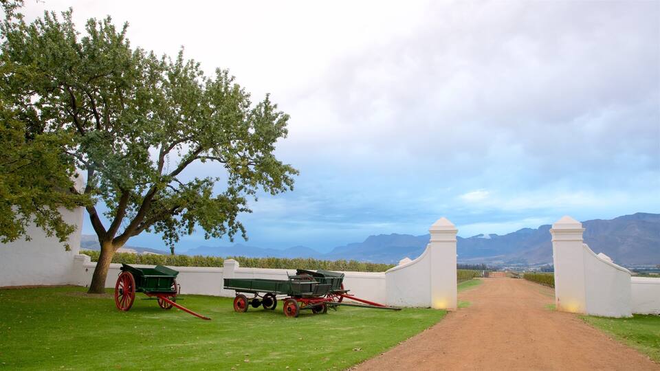 A rural landscape with a dirt path leading to a gate, surrounded by white walls and a large tree.