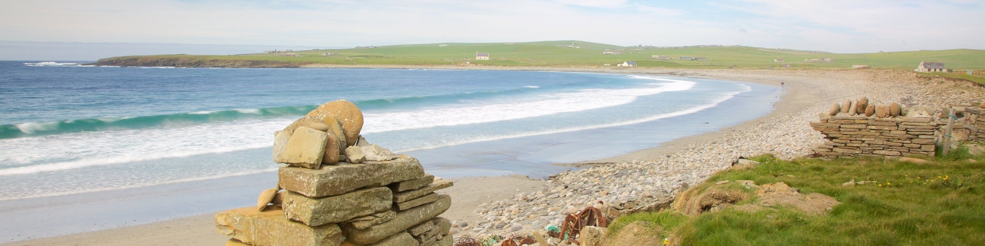 Stromness caracterizando cenas tranquilas, uma praia de areia e uma baía ou porto