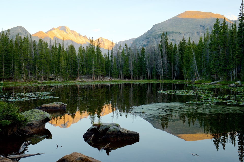 A calm lake surrounded by dense forest and mountains.