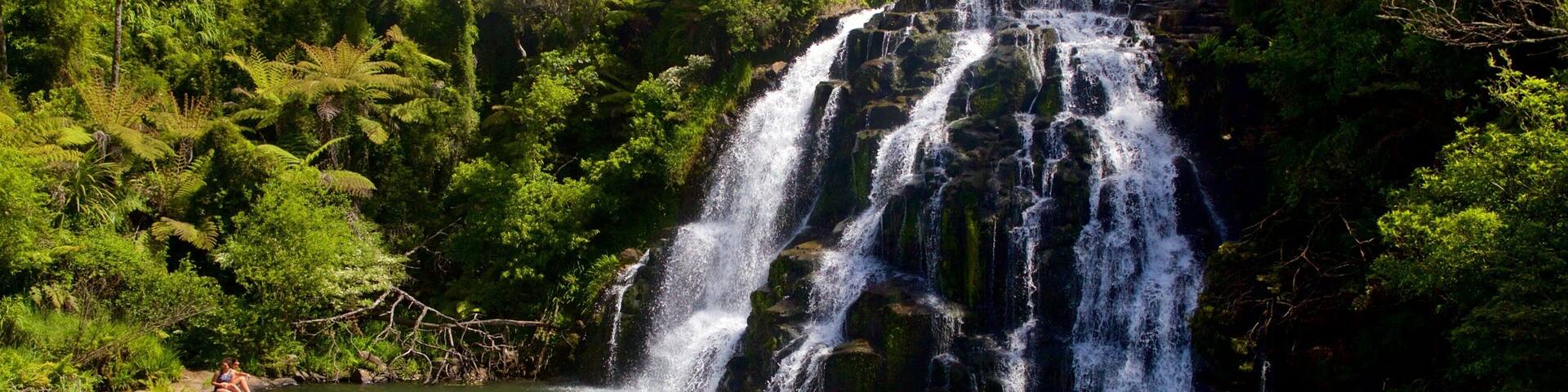 A waterfall surrounded by lush greenery and a clear river.