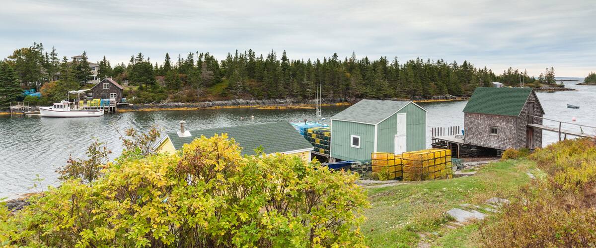 A harbor with boats, a green shed, and a wooden house by the water.
