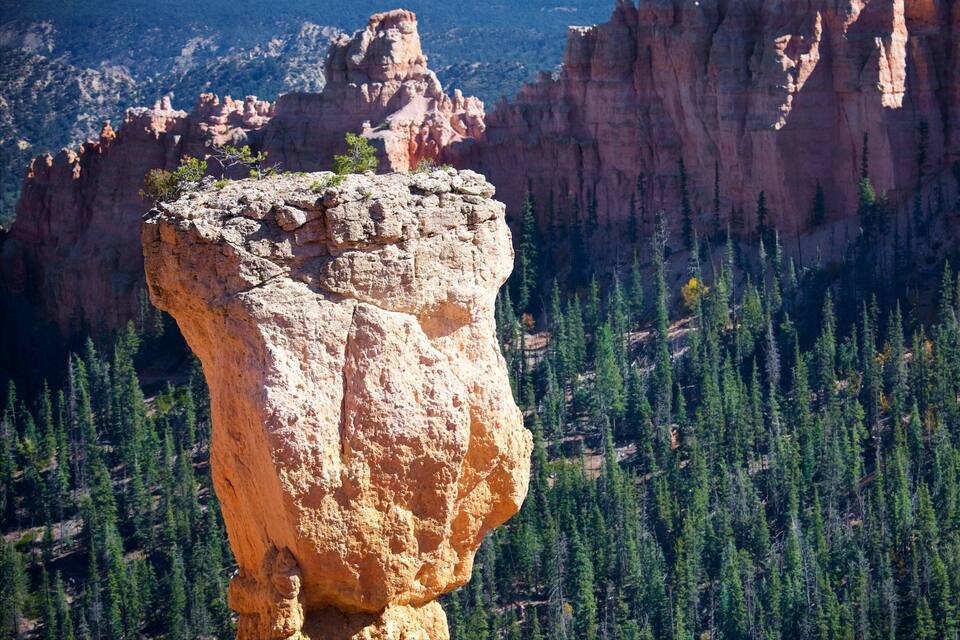 A prominent rock formation with a flat top, surrounded by dense forest and other rugged cliffs in the background.