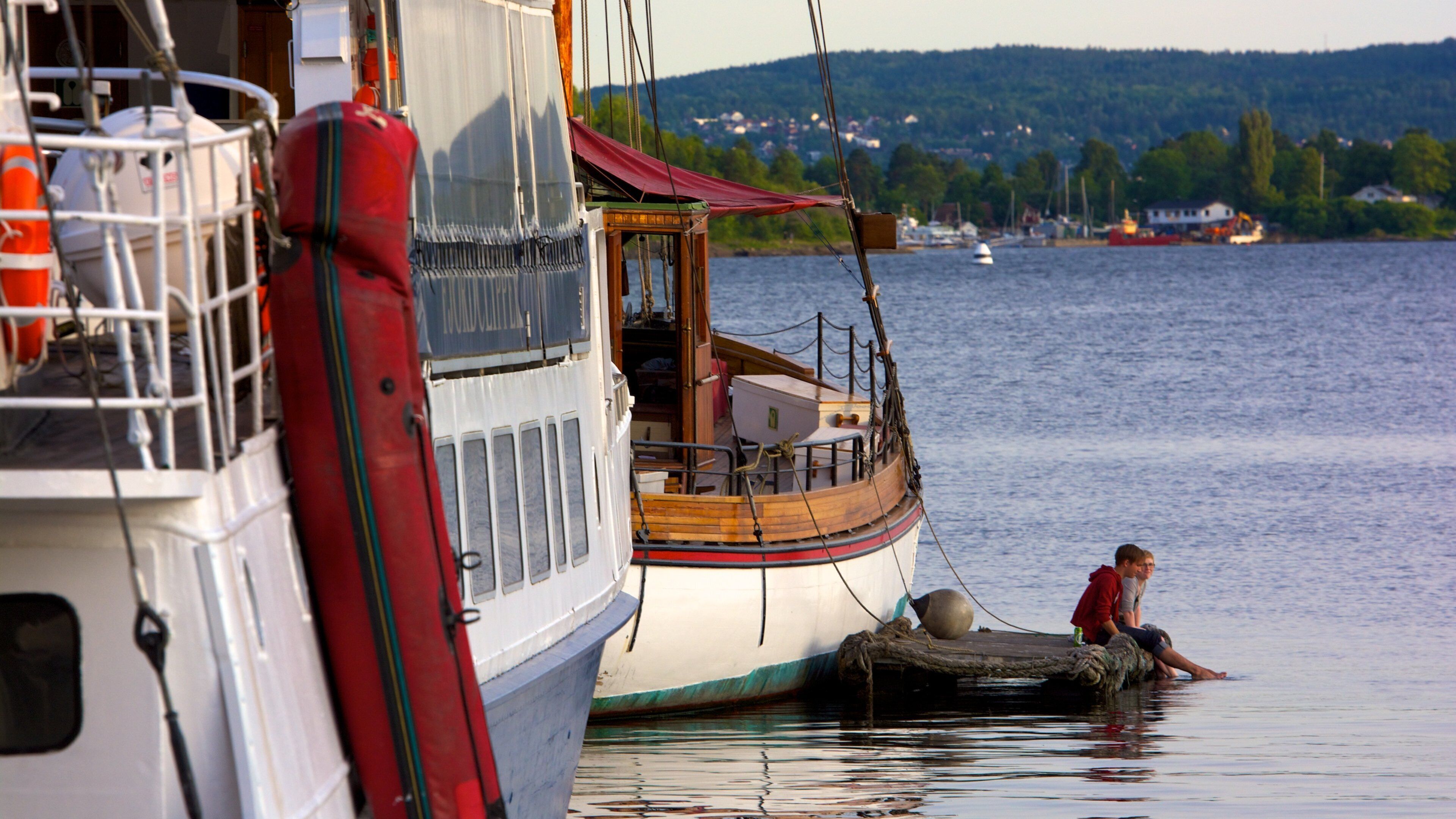 Oslo que inclui uma marina e paisagens litorâneas assim como um casal