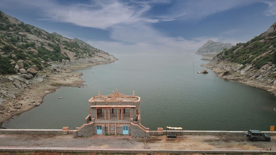 Jawai Bandh Dam aerial view, Jawai, Rajasthan, India. Known for leopards.