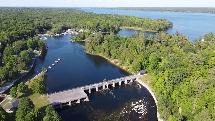 Aerial View of Beautiful Canadian Outdoor Landscape in Kawartha Lakes, Ontario during Clear Summer Weather
