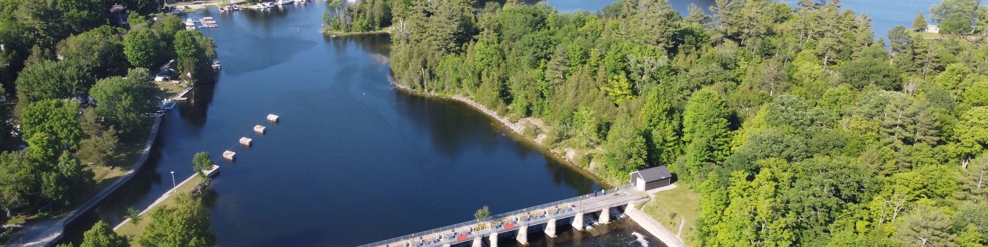 Aerial View of Beautiful Canadian Outdoor Landscape in Kawartha Lakes, Ontario during Clear Summer Weather