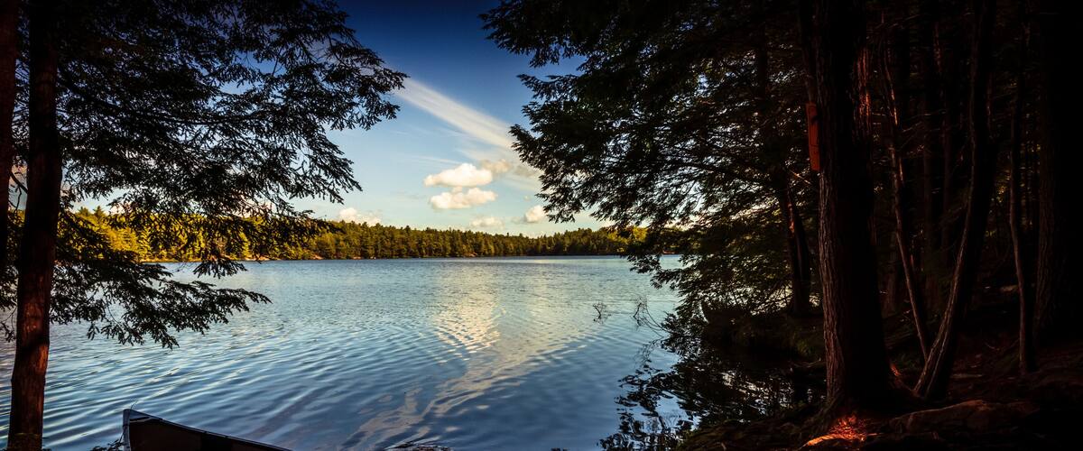 A calm lake surrounded by dense forest with a small boat tied to a dock.