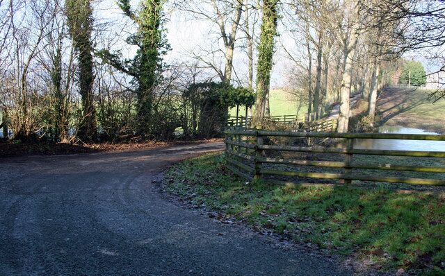 A rural road curving through a wooded area with a wooden fence and a body of water in the background.