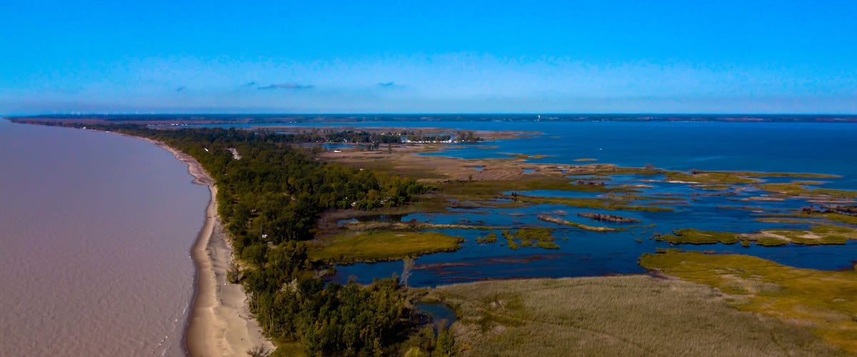 A coastal landscape with a sandy beach, dense forest, and a network of water bodies.