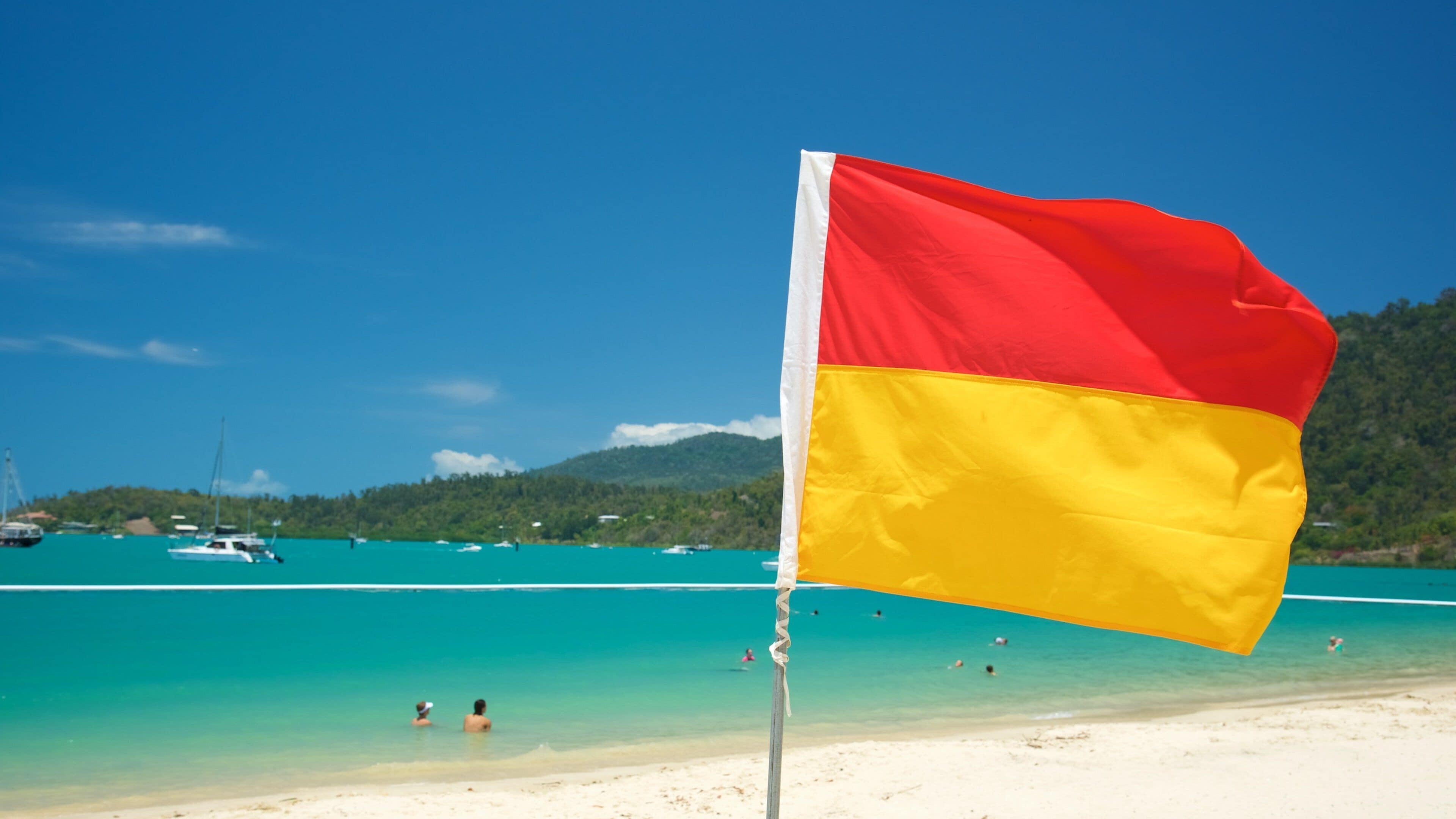 A beach with clear turquoise water, a flag, and boats in the background.