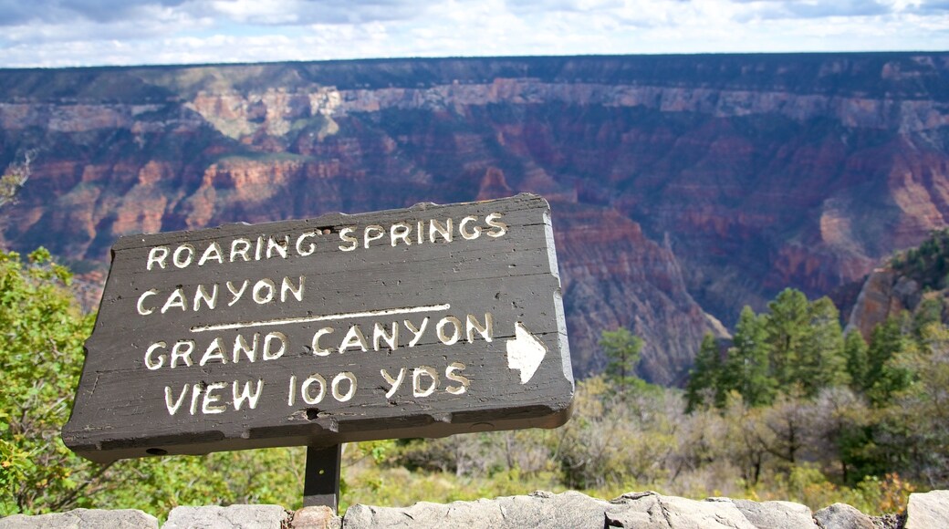 Roaring Springs Canyon which includes a gorge or canyon, signage and landscape views