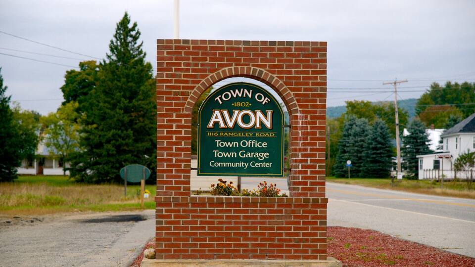 A brick sign with the text "Town of Avon 1802 1116 Rangeley Road Town Office Town Garage Community Center".