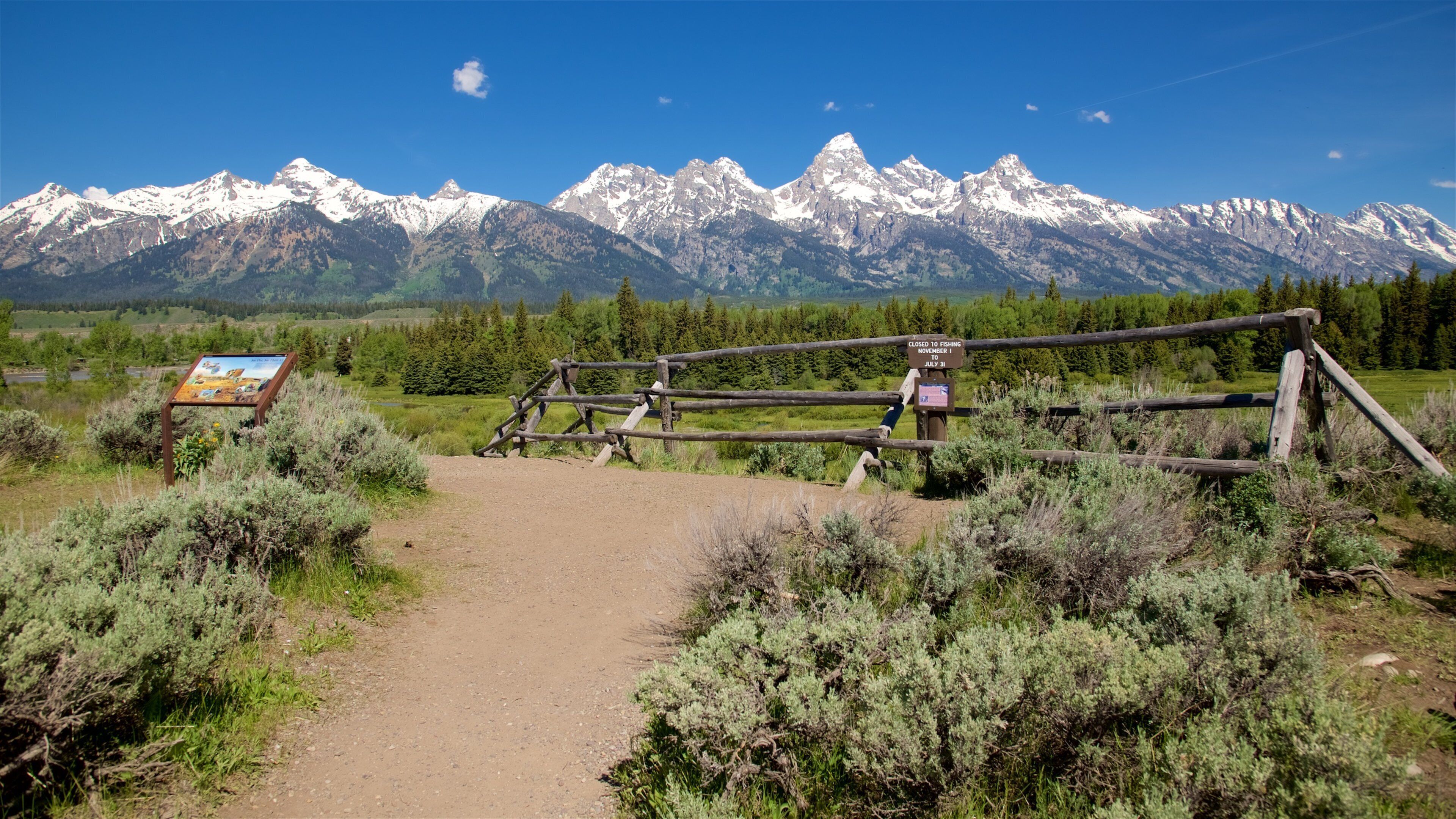 Grand Teton National Park som omfatter skiltning, fredfyldte omgivelser og bjerge