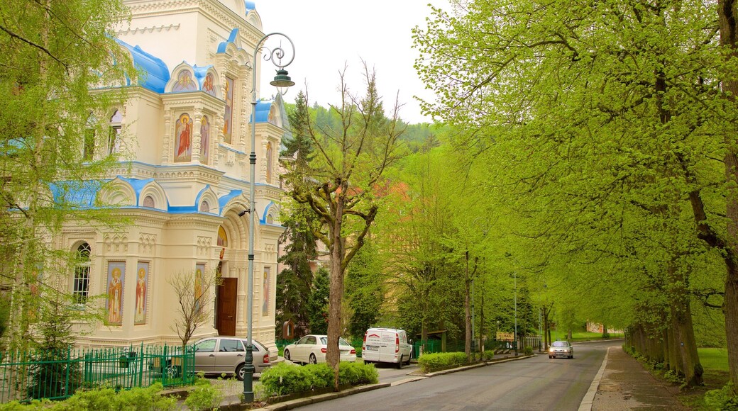 Karlovy Vary que incluye arquitectura patrimonial, elementos patrimoniales y un parque
