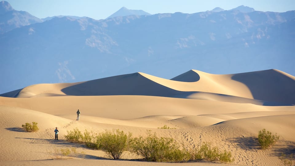 A desert landscape with sand dunes and a person walking.