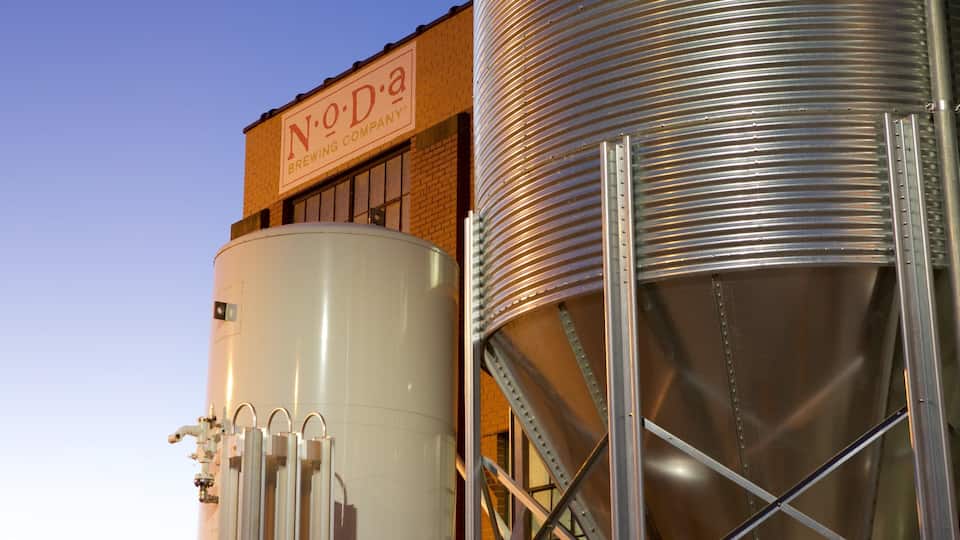 NoDa Brewing Company featuring industrial elements and signage
