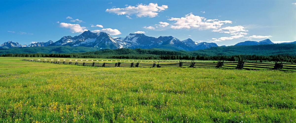 A green field with a wooden fence, a mountain range, and a clear blue sky.