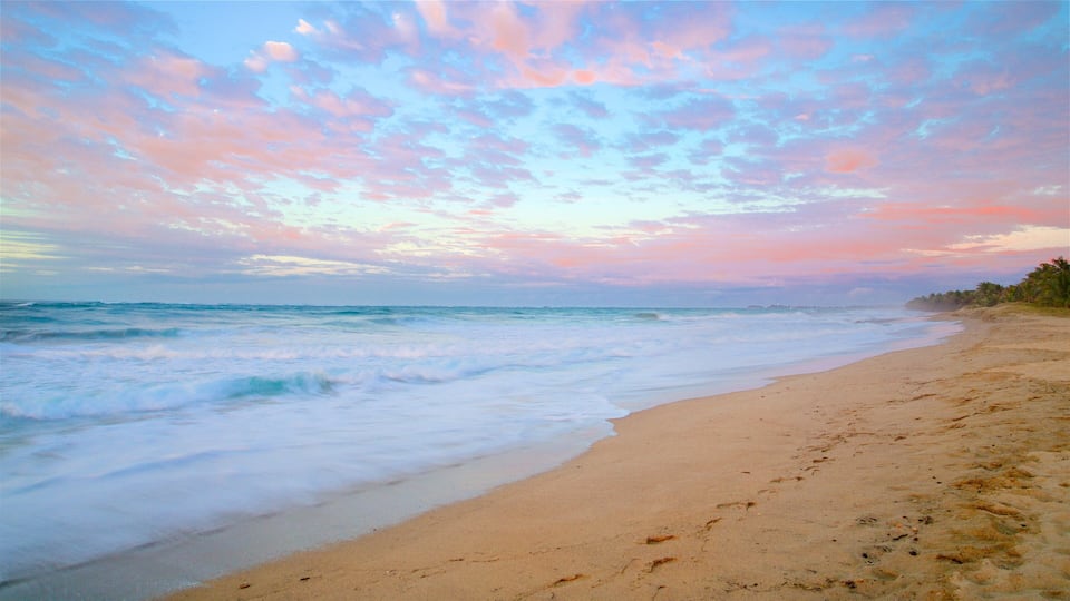 A beach with waves, a sandy shore, and a colorful sky.