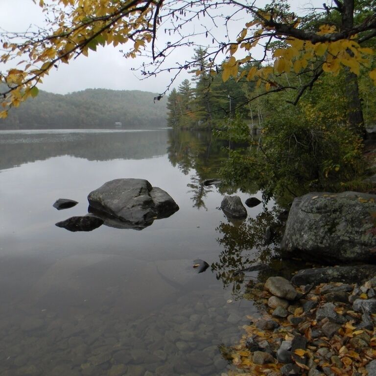 A calm lake with rocks and autumn leaves along the shore.