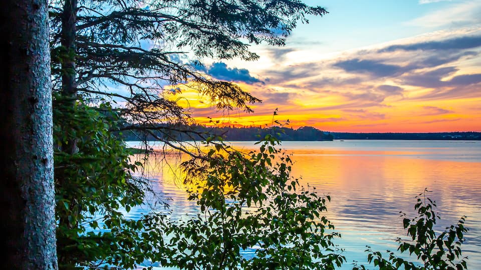 A sunset over a calm lake with trees reflecting the colors of the sky.