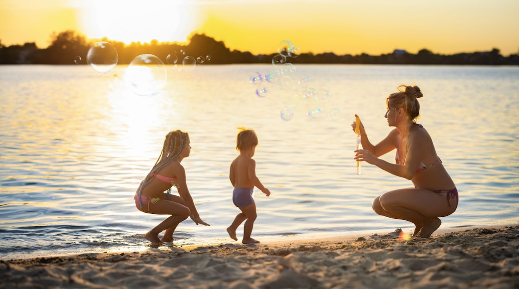Brother and sister play with their mom blowing bubbles on the lake