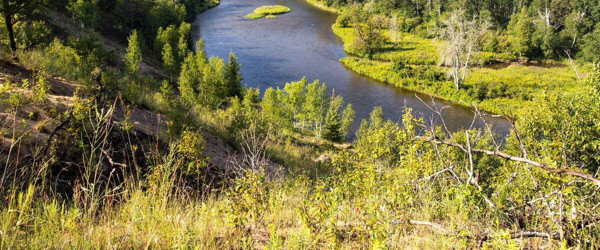 Michigan Au Sable River. Overlook view of the Au Sable River Valley. The river is a blue ribbon trout stream located in the Lower Peninsula of Michigan