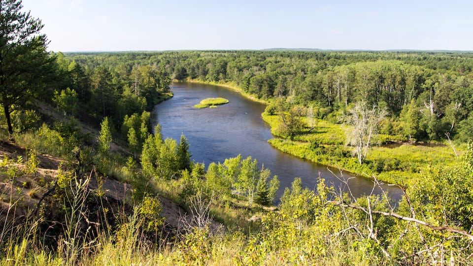 A river winding through a dense forest with a small island in the middle.