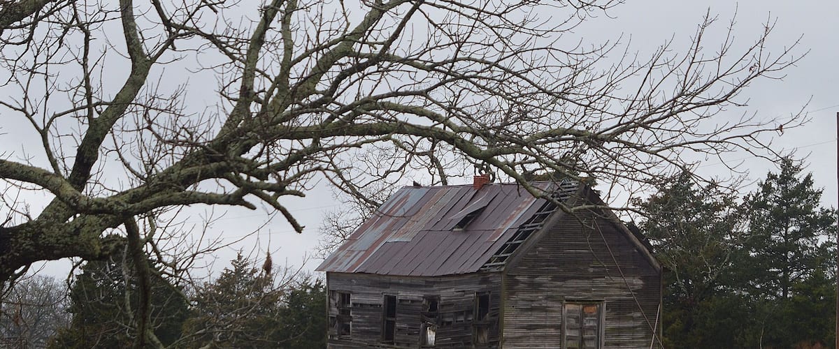 A dilapidated wooden barn with a slanted roof, surrounded by dry grass and trees.