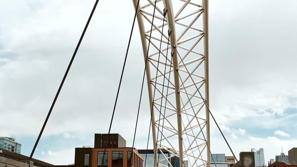 Highland Bridge, a pedestrian bridge connecting the LoHi neighborhood to Downtown Denver. Lower Highlands. Denver, Colorado
