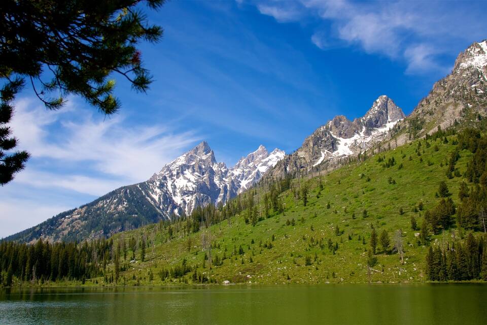A mountain range with snow-capped peaks, a lake, and a forested area.