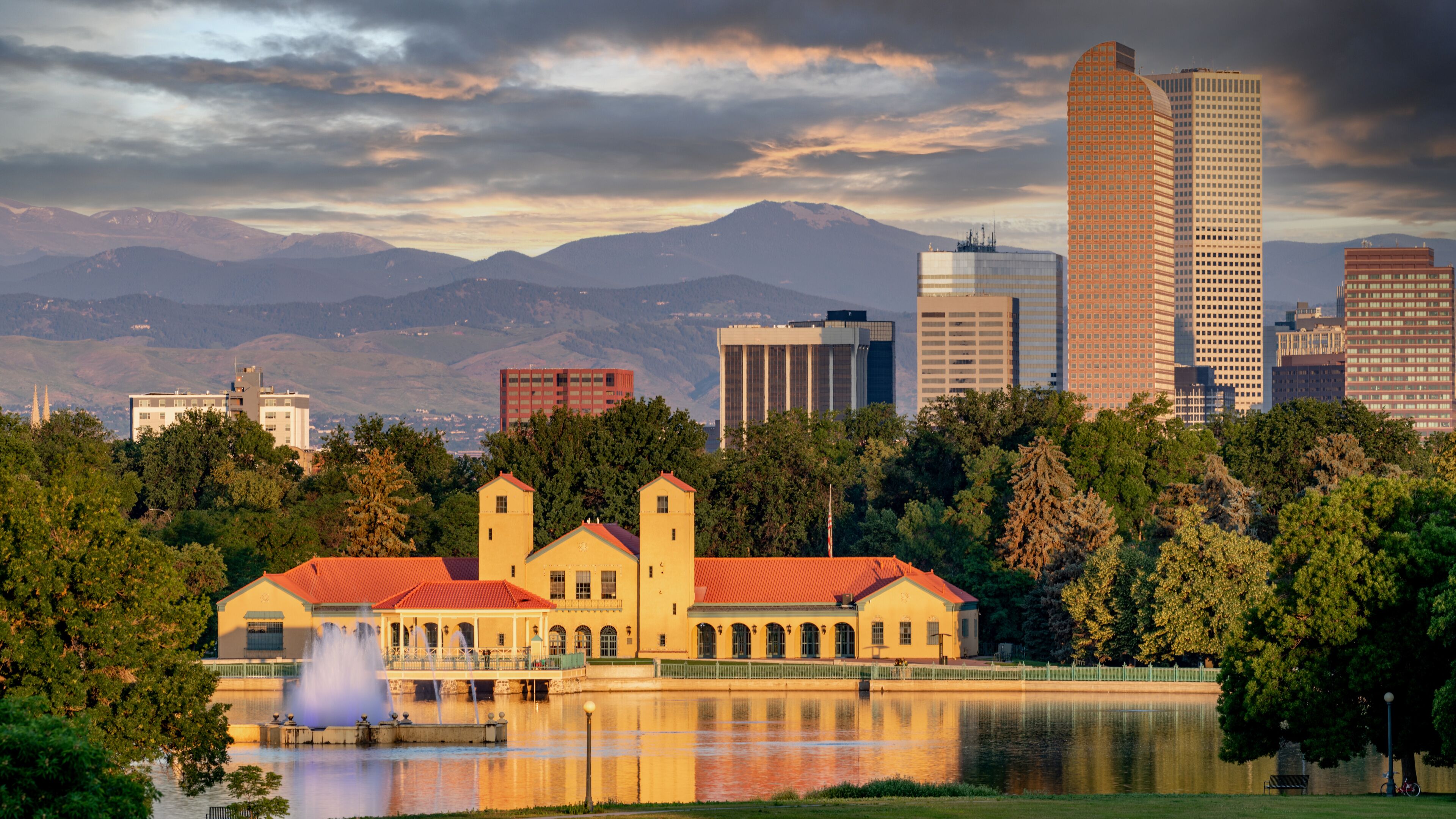City Park pond with Denver Colorado skyline backdrop