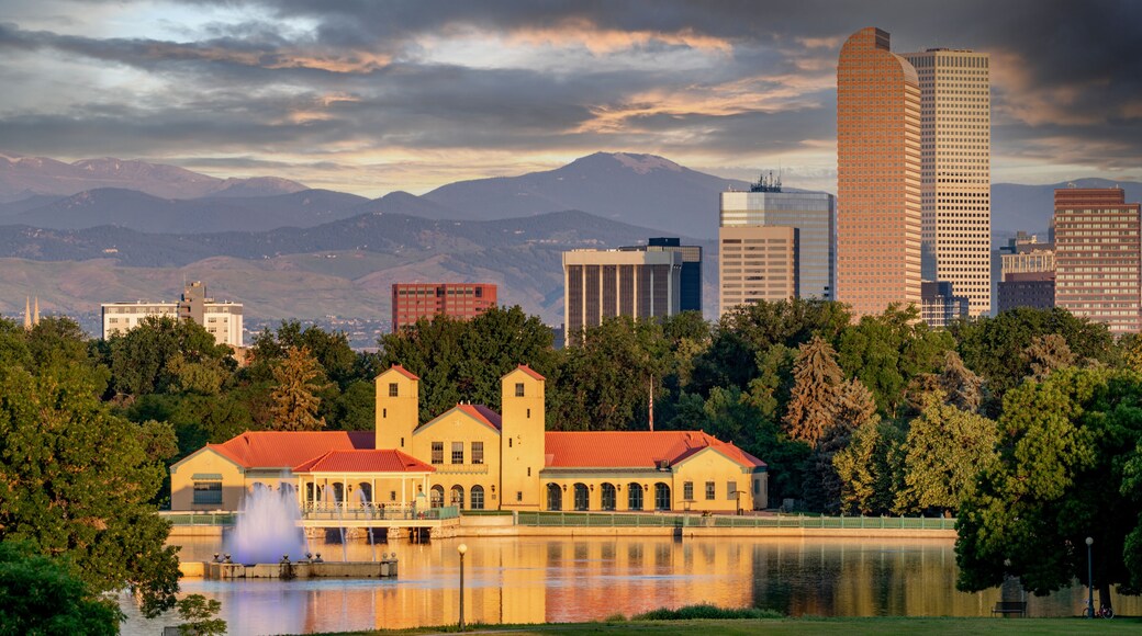 City Park pond with Denver Colorado skyline backdrop