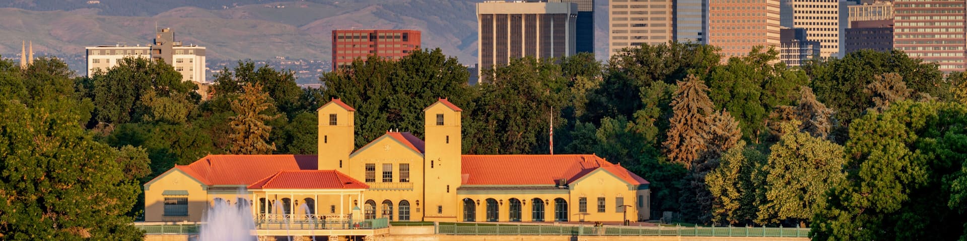City Park pond with Denver Colorado skyline backdrop
