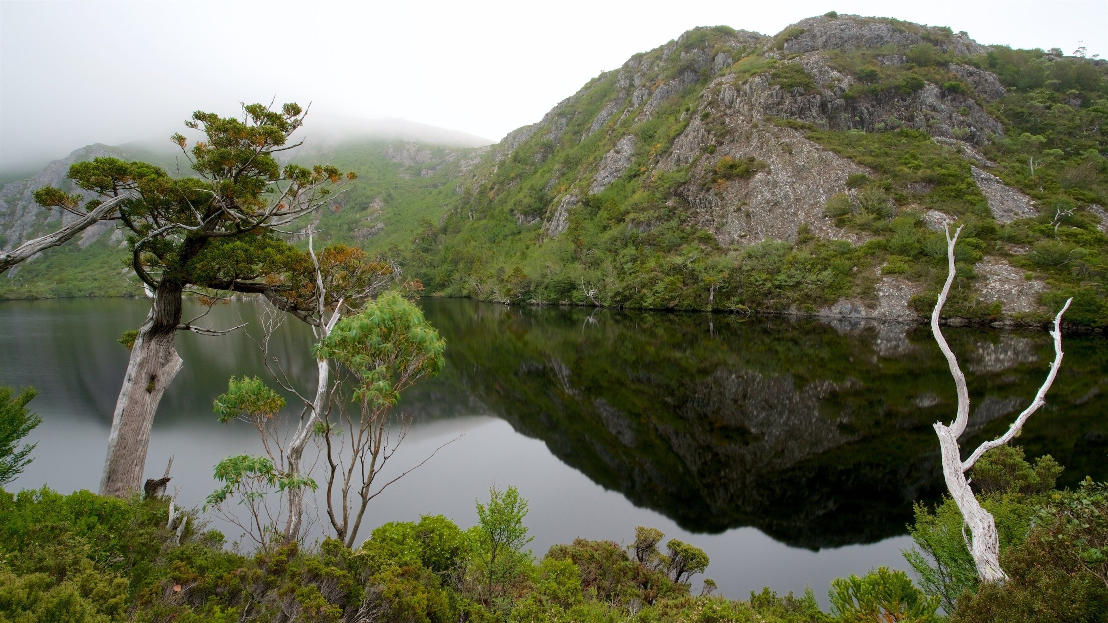 Crater Lake showing a river or creek and mist or fog