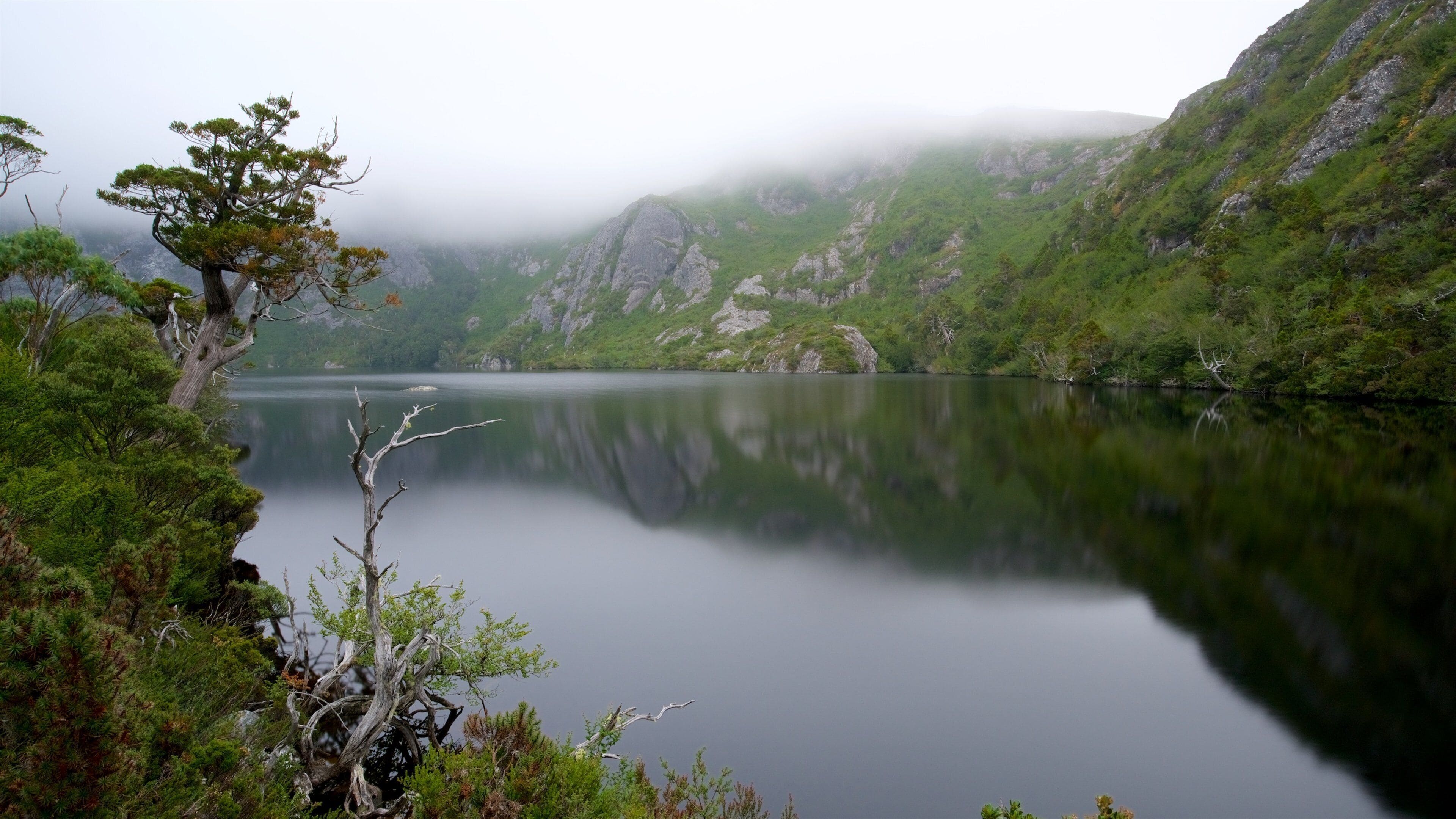A calm lake surrounded by green hills and a misty atmosphere.