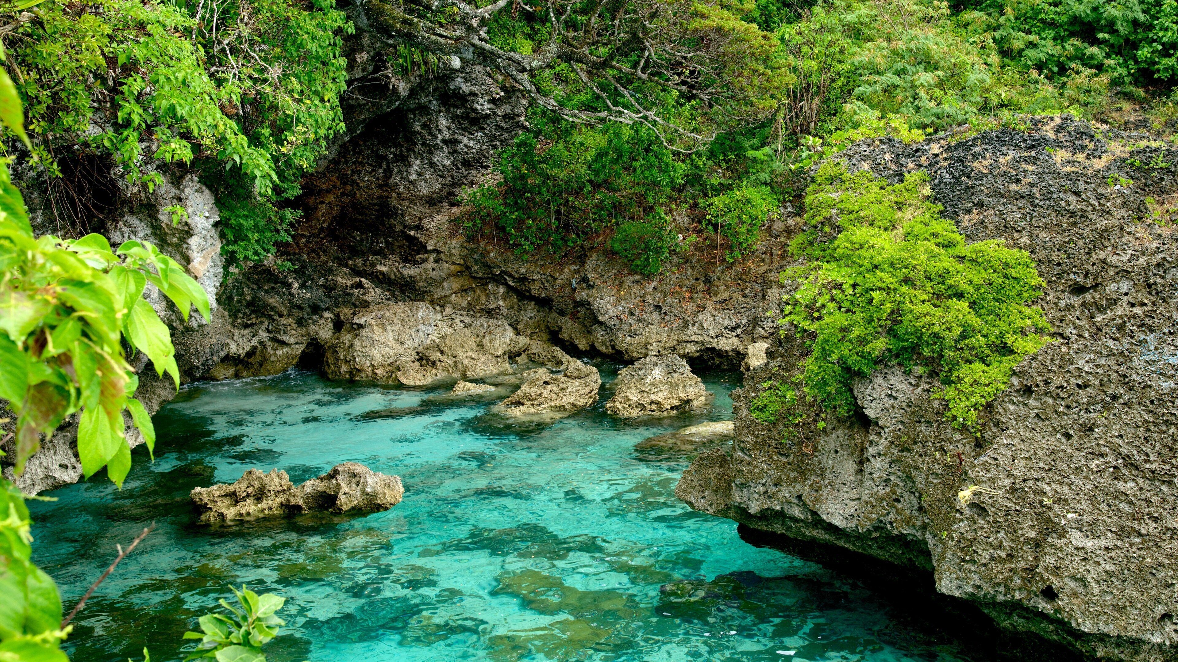 A clear turquoise stream surrounded by rocky cliffs and lush greenery.