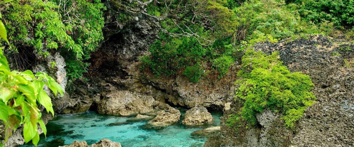 A clear turquoise stream surrounded by rocky cliffs and lush greenery.