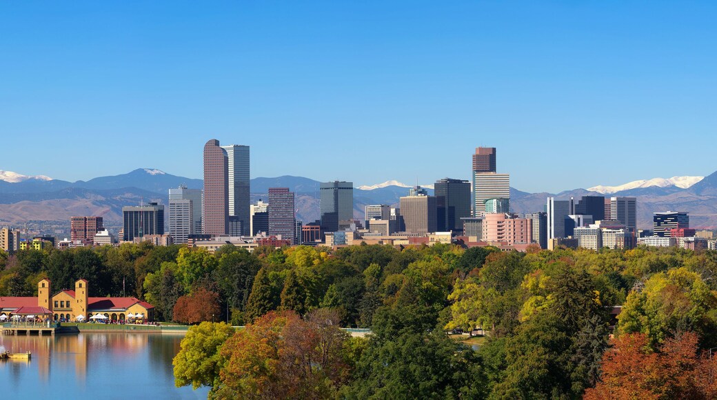 Skyline of Denver downtown with Rocky Mountains