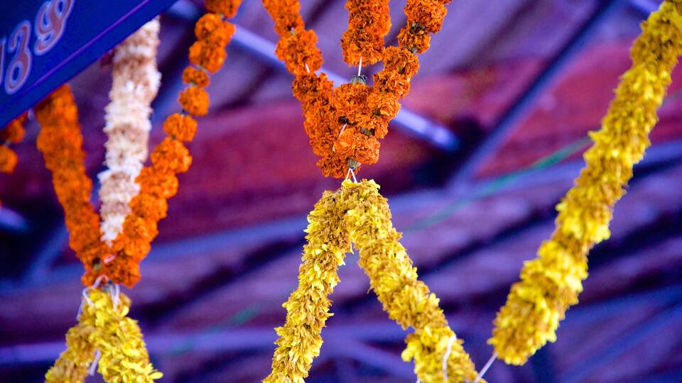 Marigold garlands in orange and yellow colors.